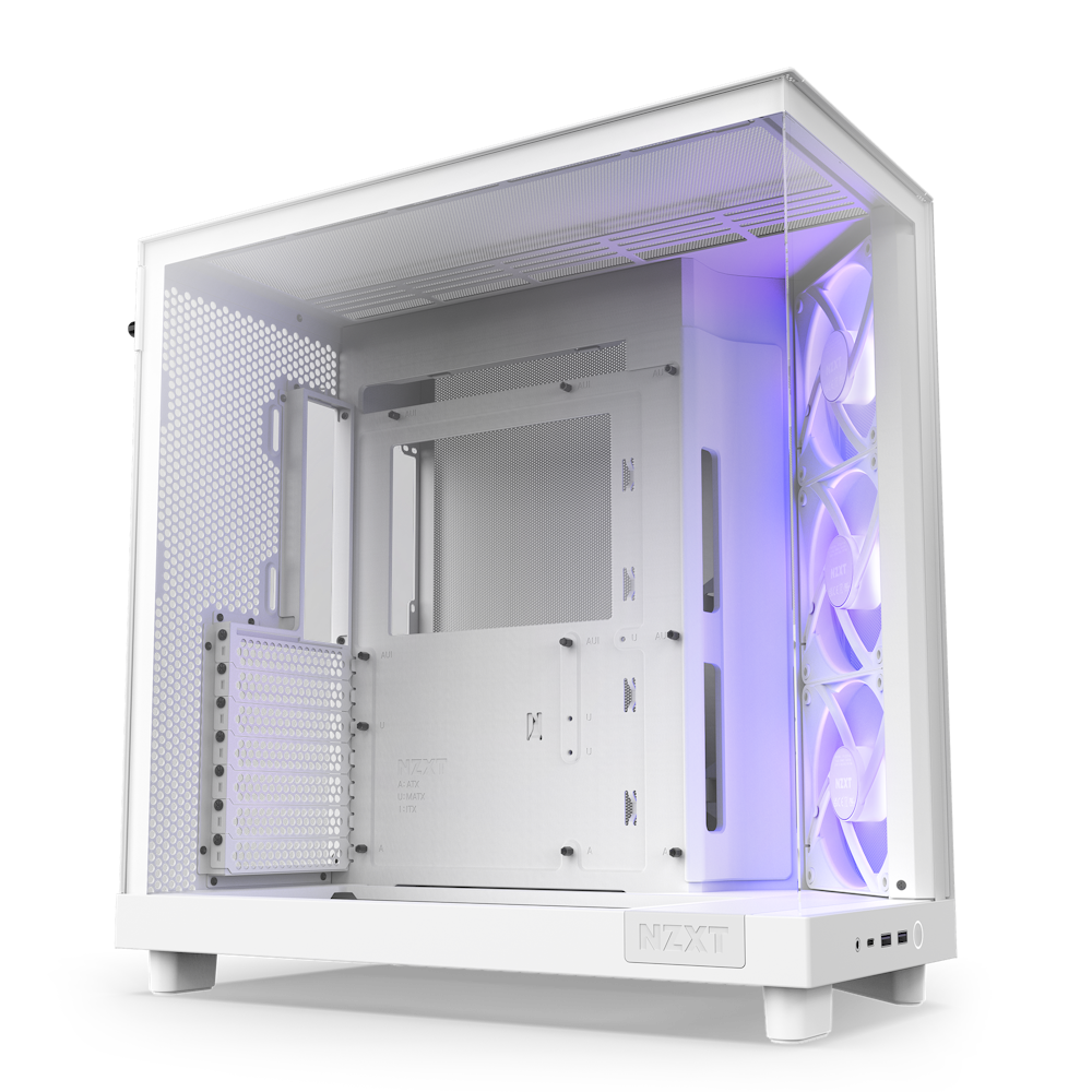 H6 Flow RGB shown from the side through glass to the motherboard tray and pre-installed 120mm angled fans.