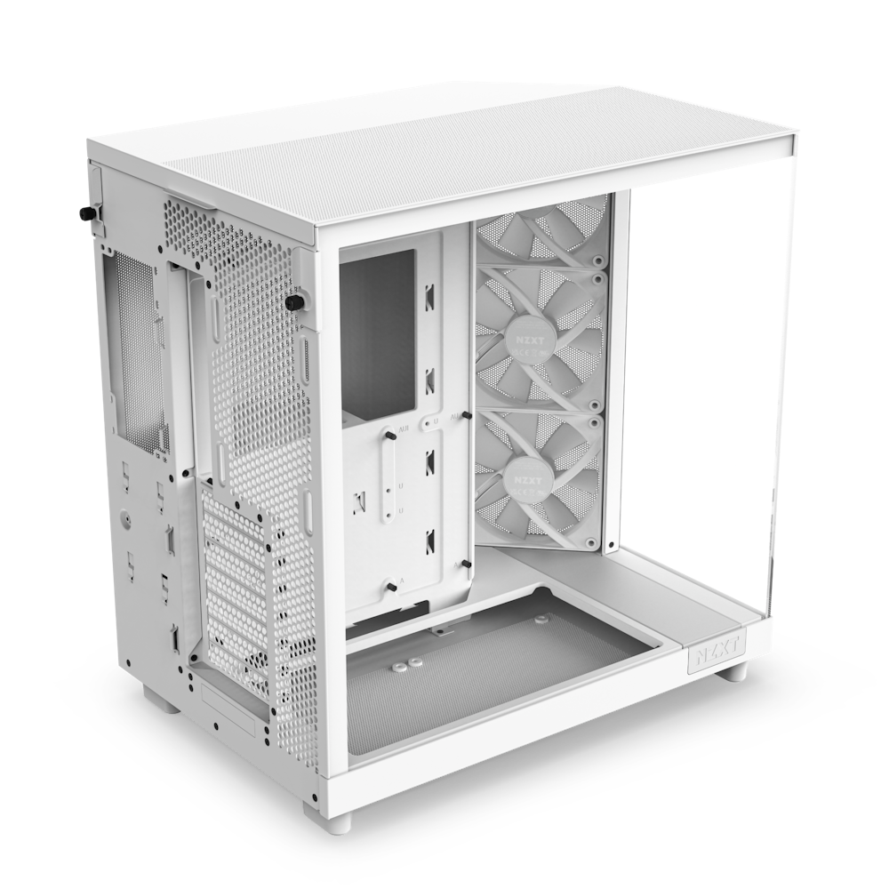 H6 Flow RGB shown from a 3/4 angle to the right side showing the angled fans, perforated top panel and perforated back side panel.