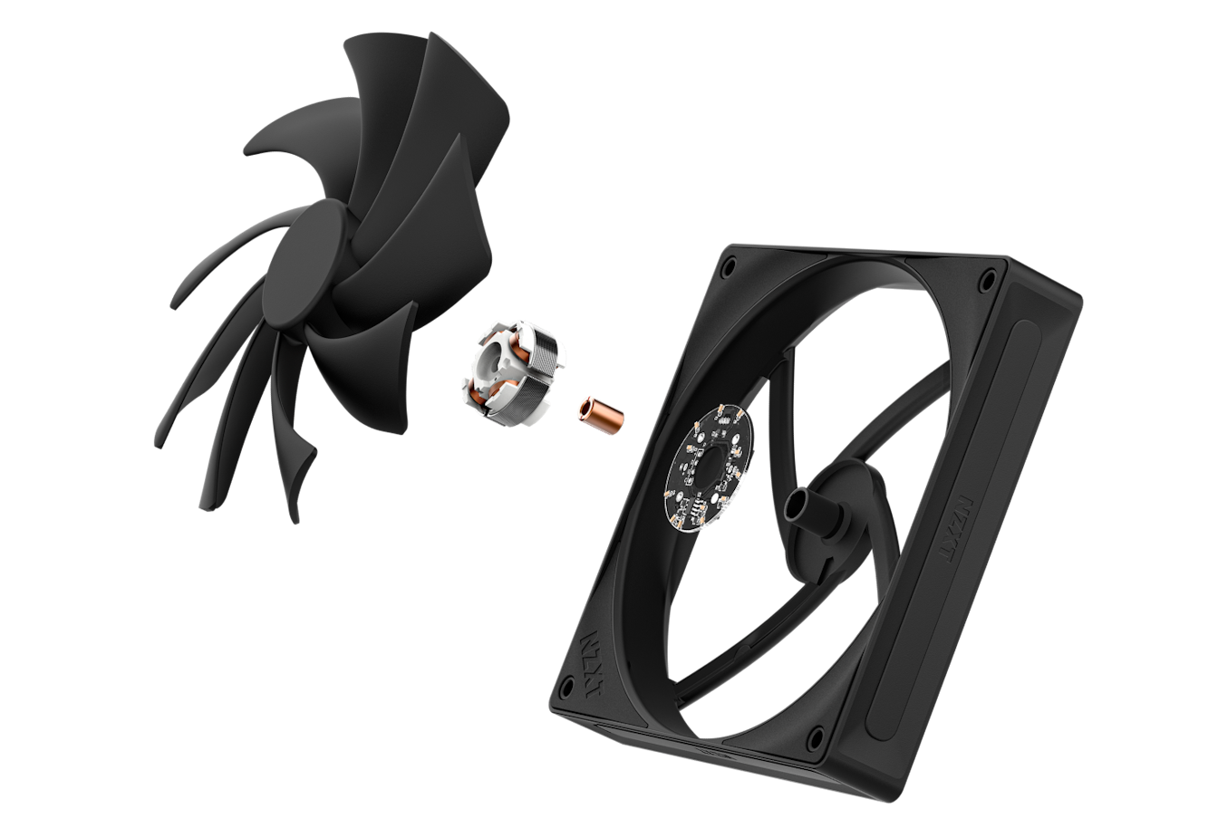 Exploded view of black quiet airflow fan showing internal components