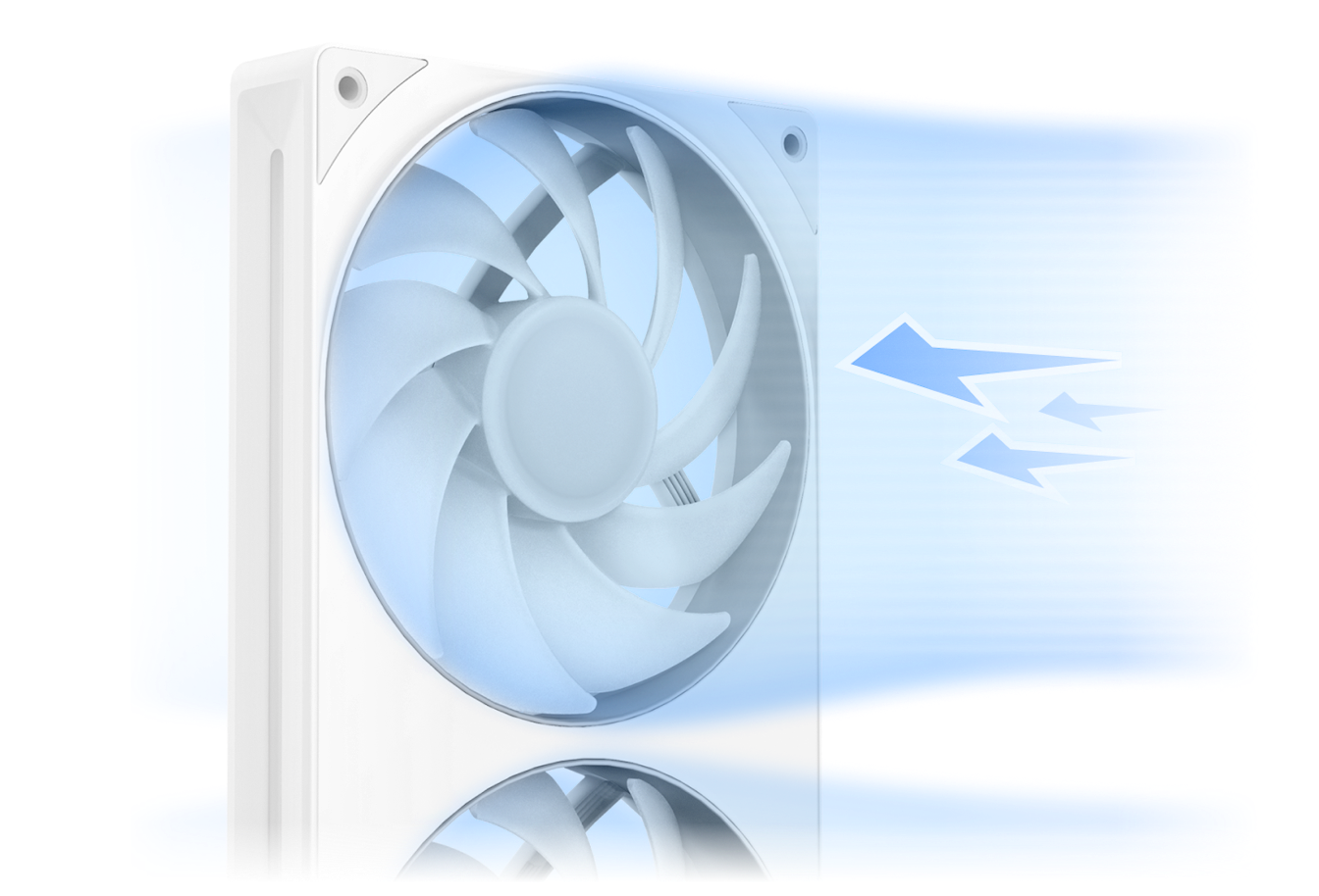 White RGB Core Single Frame Fan with airflow diagram