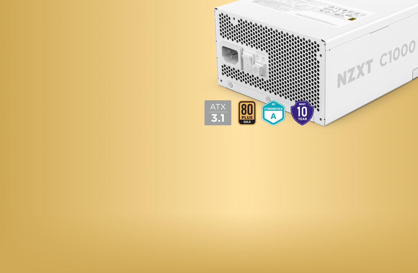 C1000 Gold PSU - Close-up angle. ATX 3.1, 80 PLUS Gold, Cybernetics Badge, NZXT 10-Year Warranty