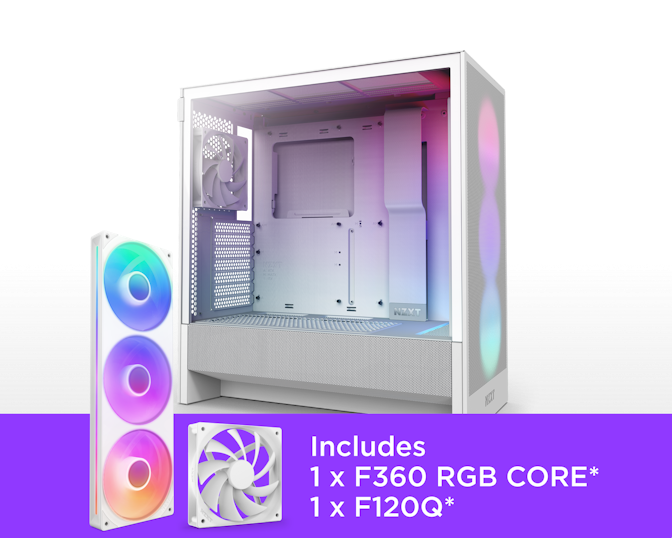 H5 Flow RGB PC highlighting the F360 single-frame RGB fan and F120Q fan included with the case