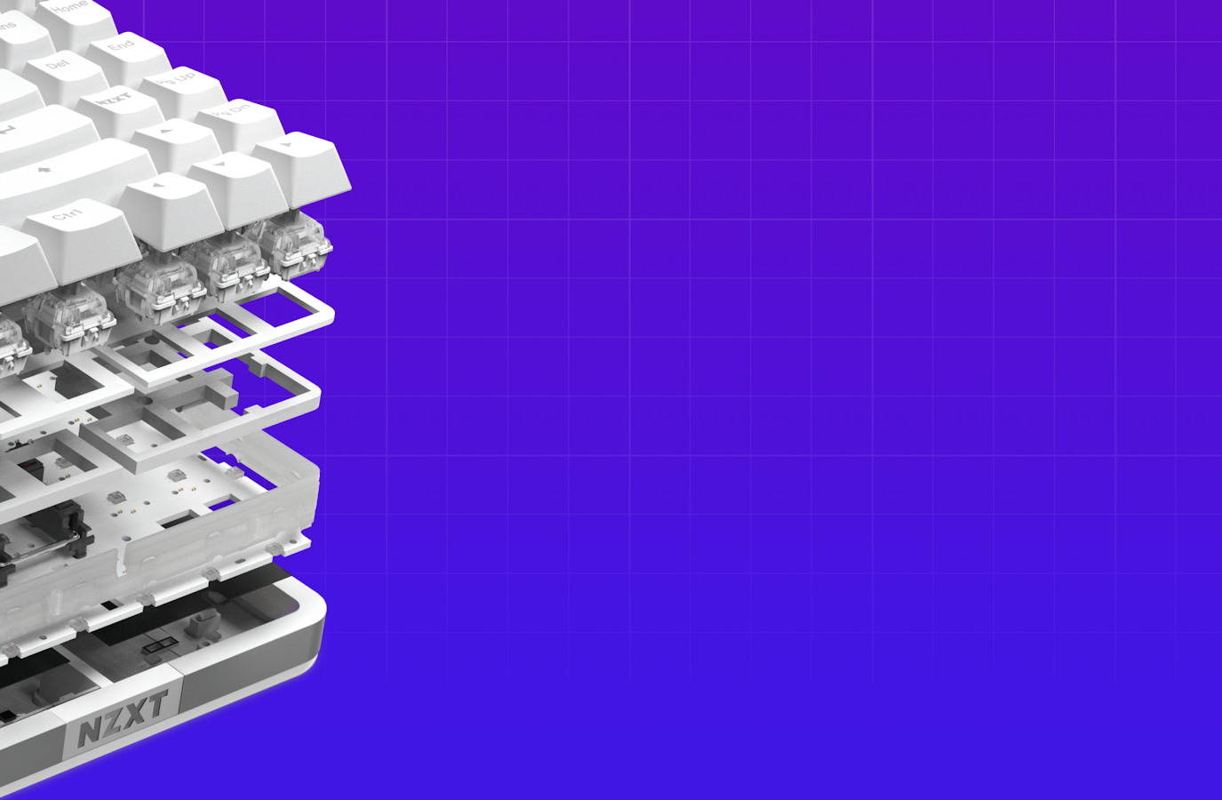 NZXT Elite Keyboard exploded view with Purple and Blue gradient with grid