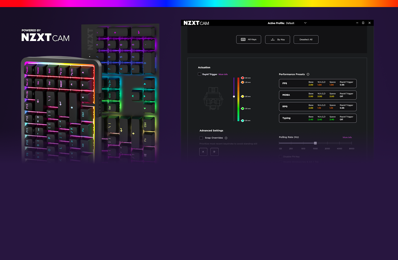 Black Function Keyboards with NZXT Cam Software customization example on a dark purple background with a rainbow gradient bar at the top