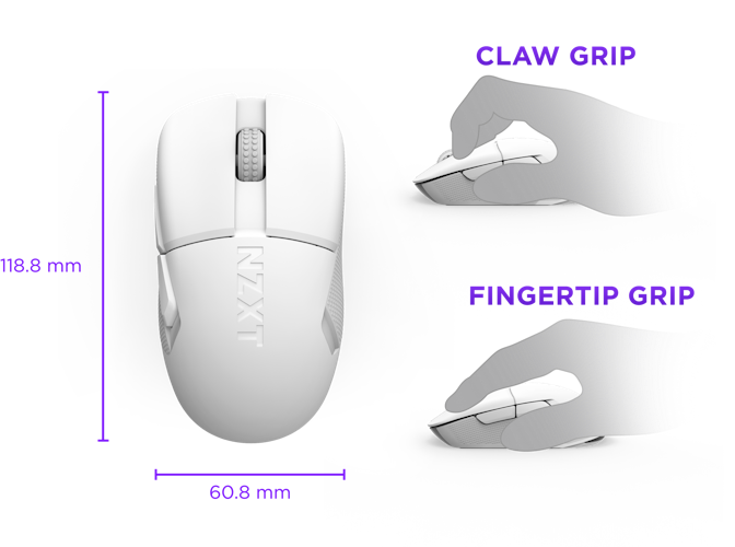 White Lift Elite mouse size with claw grip and fingertip grip examples